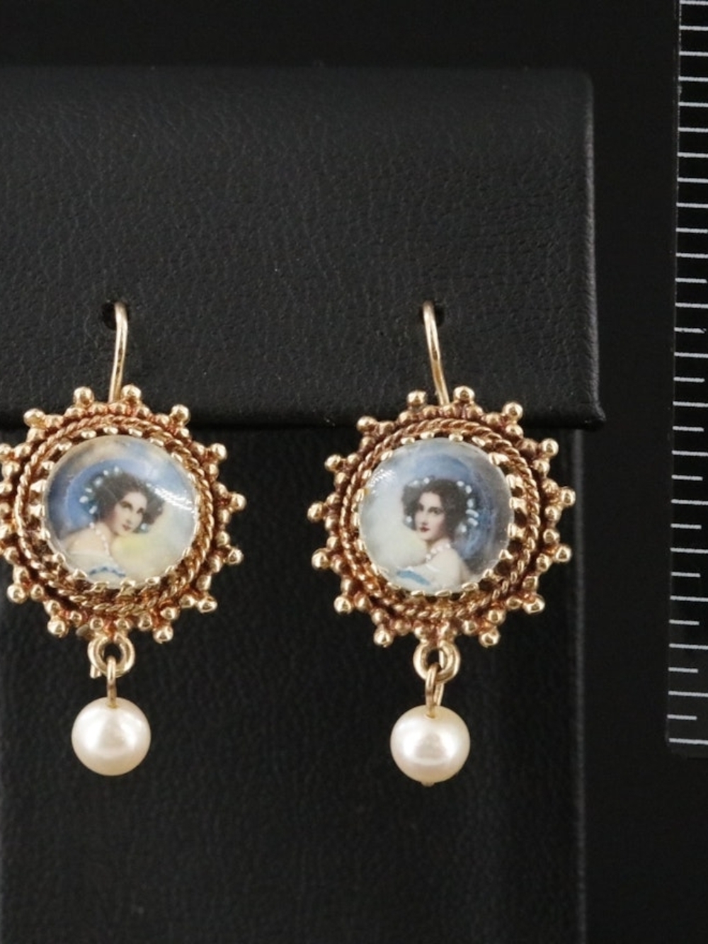 Antique 14K French Enamel Portrait Drop Earrings with Pearls